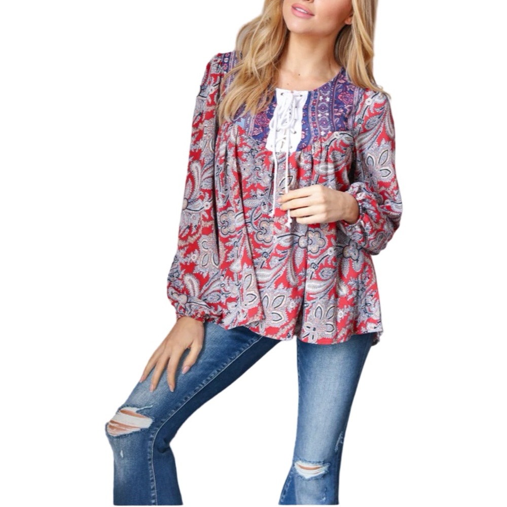 NEW SUGARFOX BOHO EYELET LACE UP BABYDOLL BLOUSE